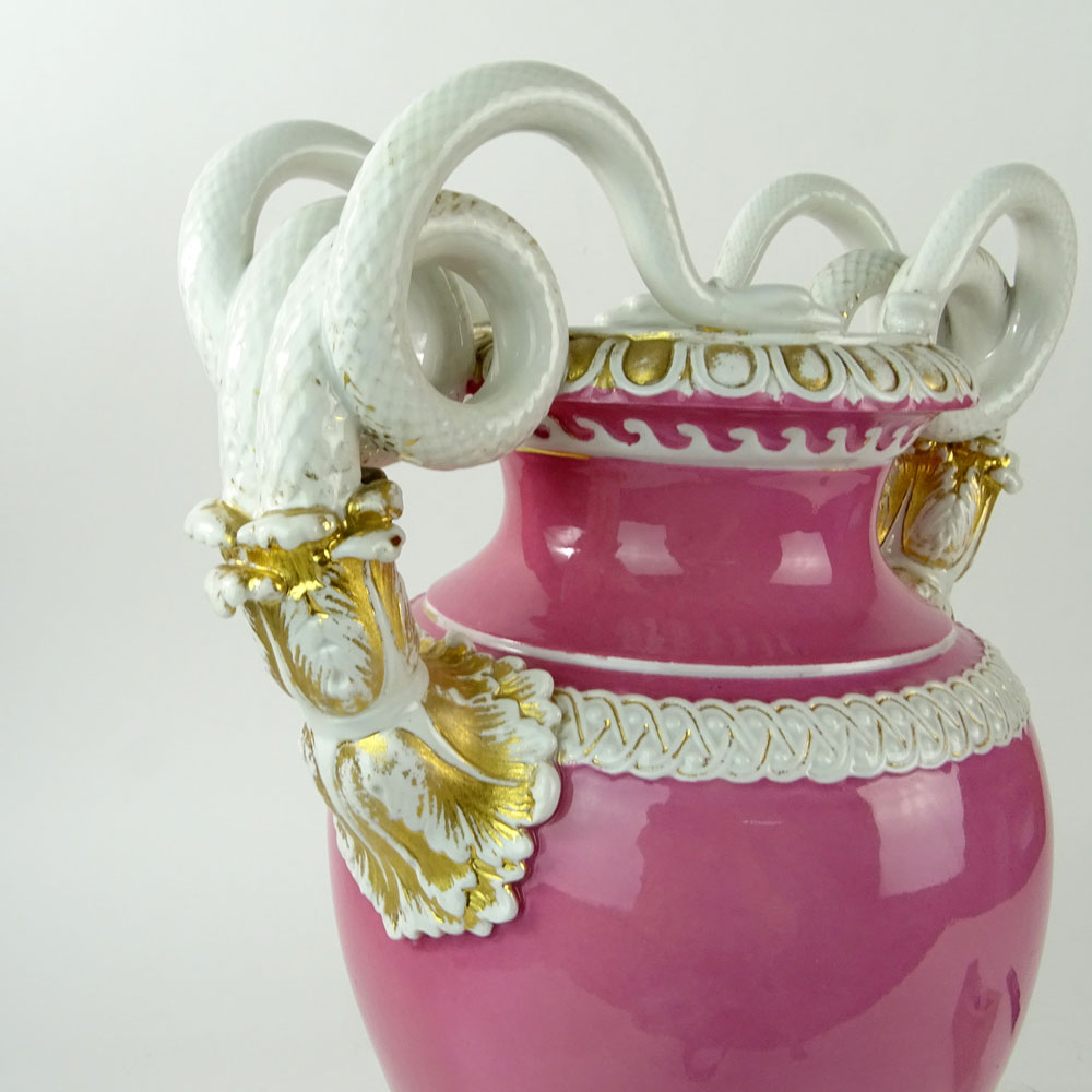 Large Meissen Snake Handle Porcelain Bolted Urn in Pink White and Parcel Gilt.