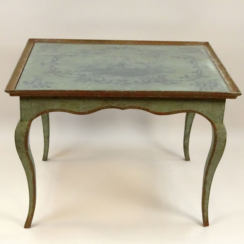 Antique French Louis XV Style Painted Tea Height Table with Chinoiserie style painted top.