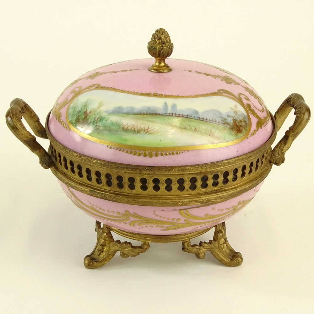 Sevres Bronze Mounted Hand Painted Covered Porcelain Box.