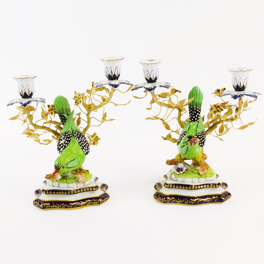 Pair of 20th Century Sevres Ormolu Bronze and Porcelain Figural Bird 2 Light Candelabra.