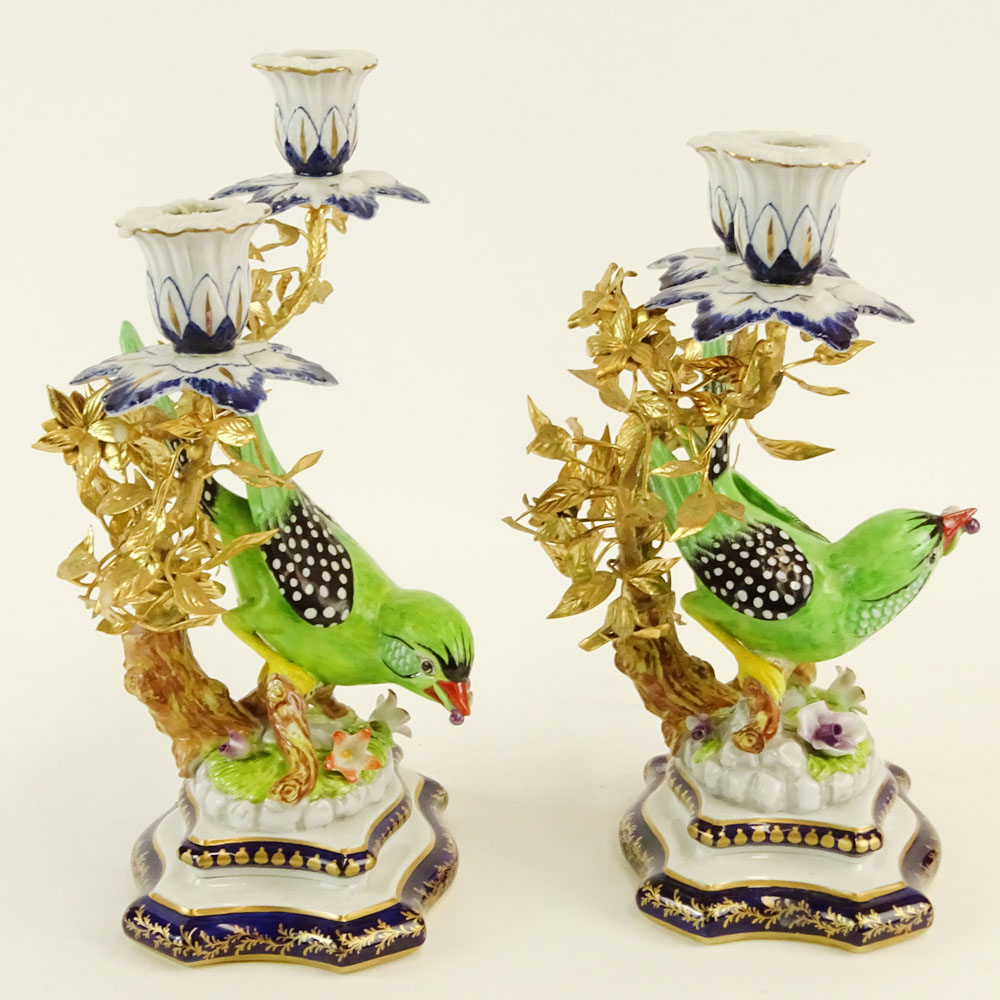 Pair of 20th Century Sevres Ormolu Bronze and Porcelain Figural Bird 2 Light Candelabra.