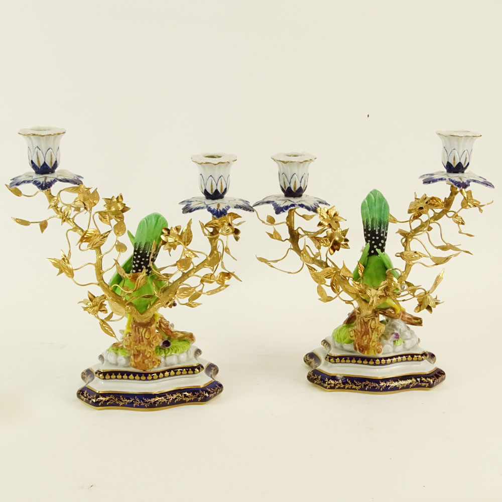 Pair of 20th Century Sevres Ormolu Bronze and Porcelain Figural Bird 2 Light Candelabra.