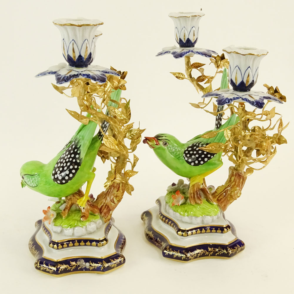 Pair of 20th Century Sevres Ormolu Bronze and Porcelain Figural Bird 2 Light Candelabra.