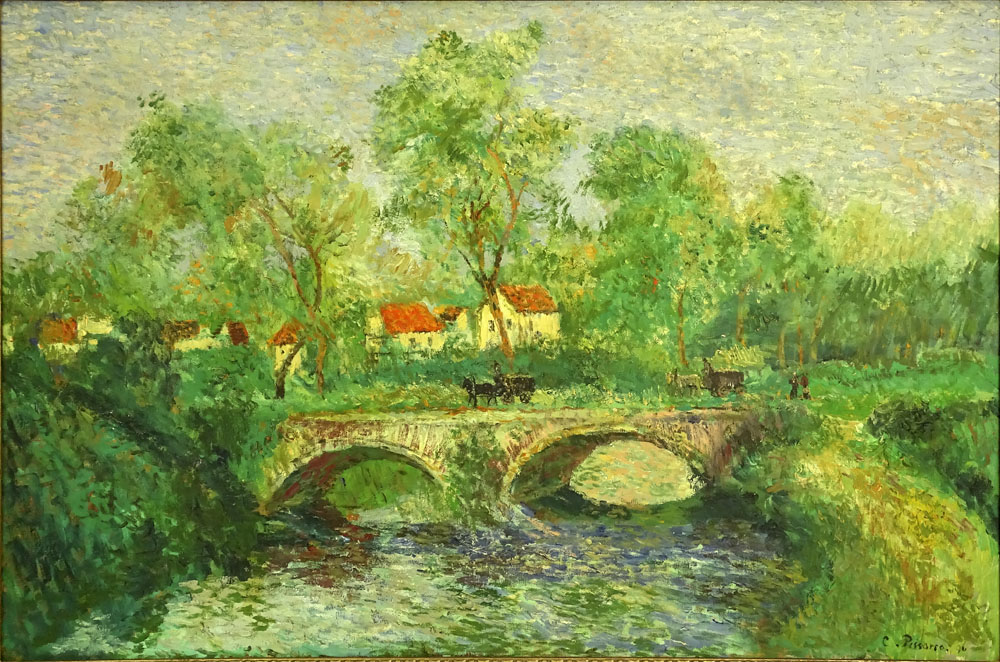 after: Camille Pissarro, French (1830-1903) oil on canvas, "Stone Bridge". 