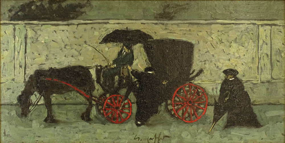 Nino Caffè, Italian (1909-1975) Oil on panel, Rainy Day Coach Ride.