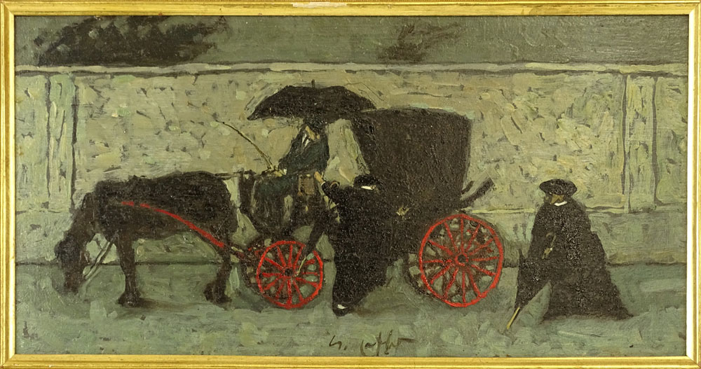 Nino Caffè, Italian (1909-1975) Oil on panel, Rainy Day Coach Ride.