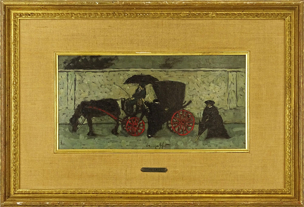 Nino Caffè, Italian (1909-1975) Oil on panel, Rainy Day Coach Ride.