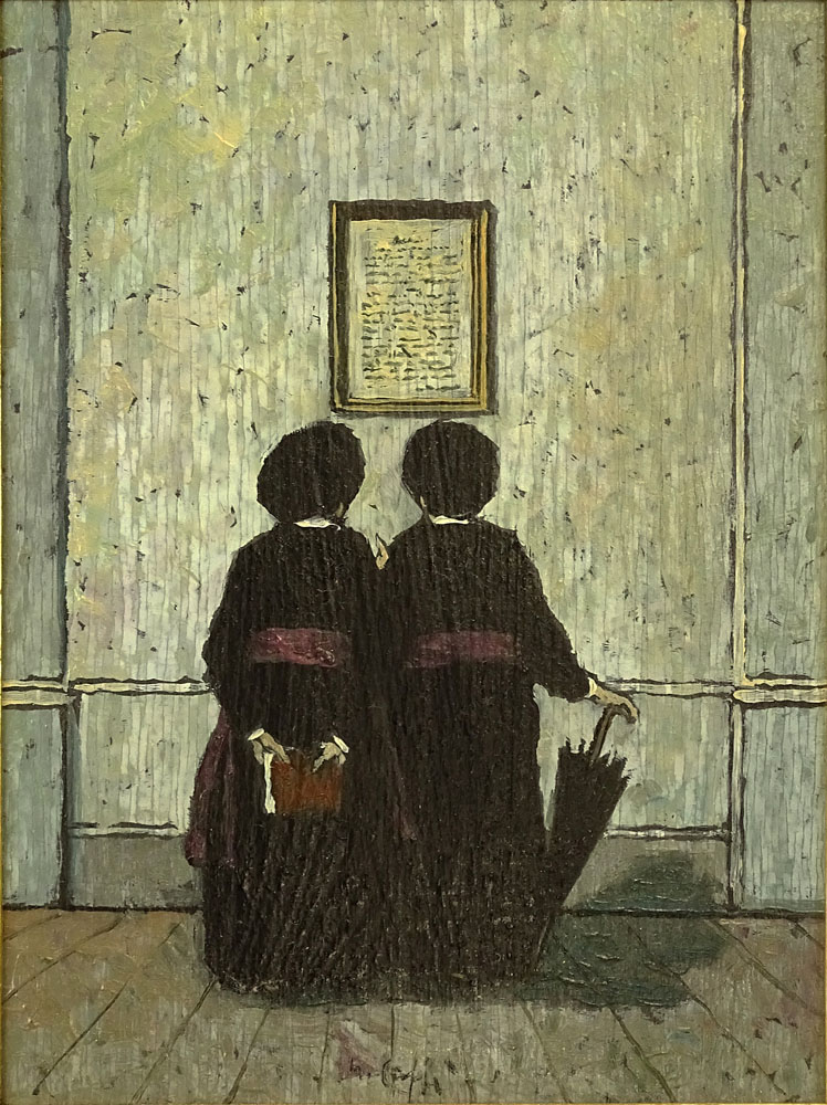 Nino Caffè, Italian (1909-1975) Oil on panel, Rainy Day Museum Visit. 