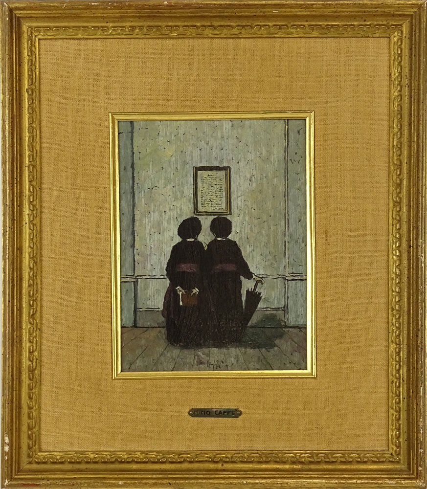 Nino Caffè, Italian (1909-1975) Oil on panel, Rainy Day Museum Visit. 