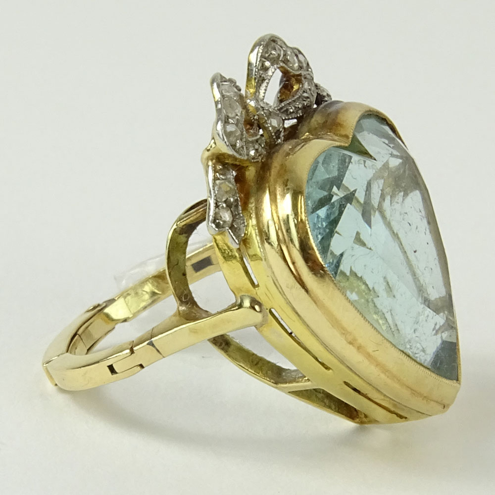 Victorian Heart Shape Aquamarine, Rose Cut Diamond and 14 Karat Yellow Gold Ring.