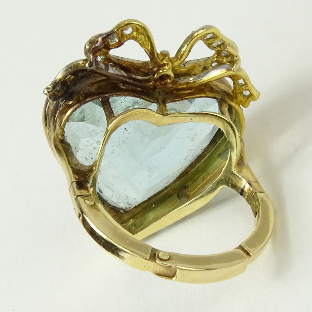 Victorian Heart Shape Aquamarine, Rose Cut Diamond and 14 Karat Yellow Gold Ring.