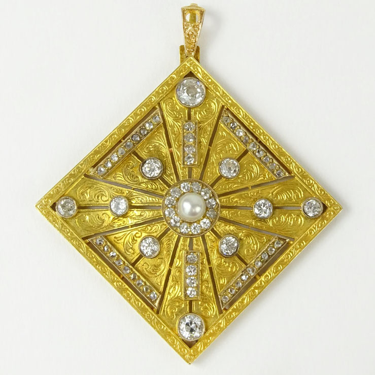 Edwardian circa 1910 Diamond, Pearl and Gold over Platinum Pendant.