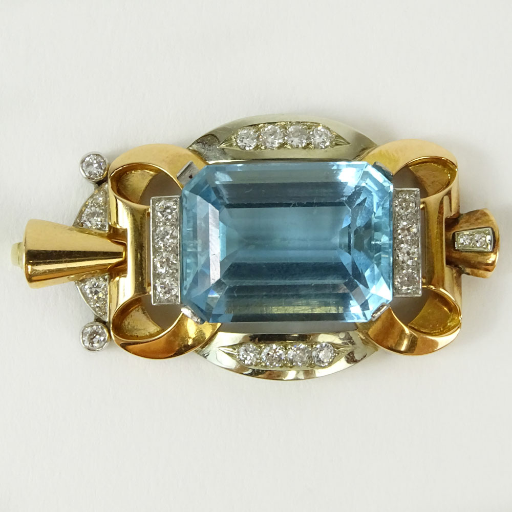 Large Retro Emerald Cut Aquamarine, Round Cut Diamond and 14 Karat Gold Pendant.