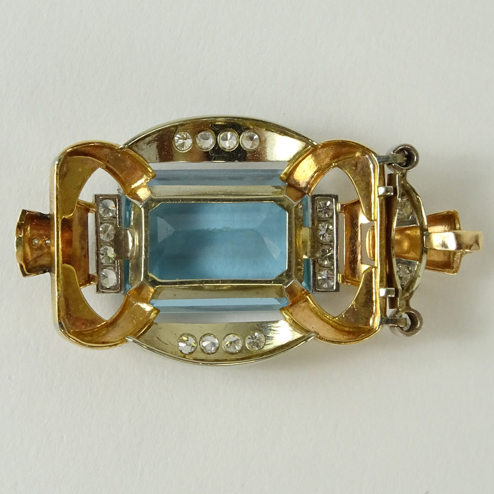 Large Retro Emerald Cut Aquamarine, Round Cut Diamond and 14 Karat Gold Pendant.