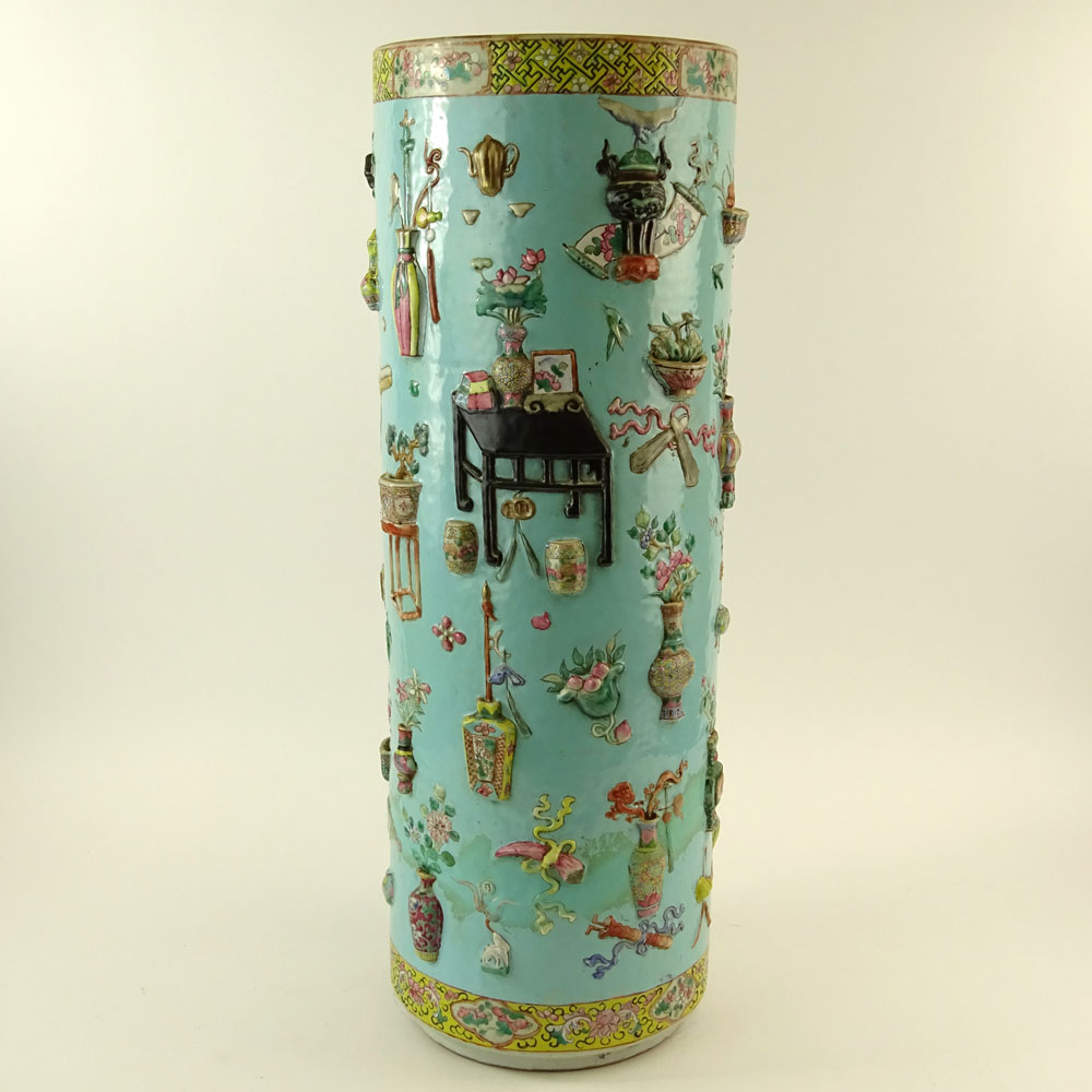 Chinese 19/20th Century Famille Rose Turquoise Ground Umbrella Stand with Relief Decoration.