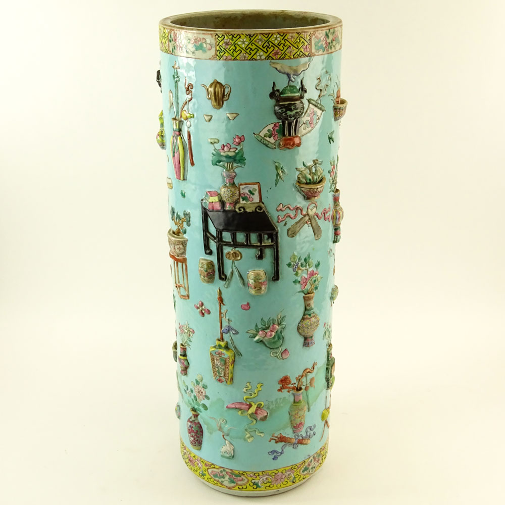 Chinese 19/20th Century Famille Rose Turquoise Ground Umbrella Stand with Relief Decoration.