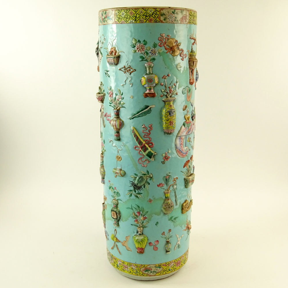 Chinese 19/20th Century Famille Rose Turquoise Ground Umbrella Stand with Relief Decoration.