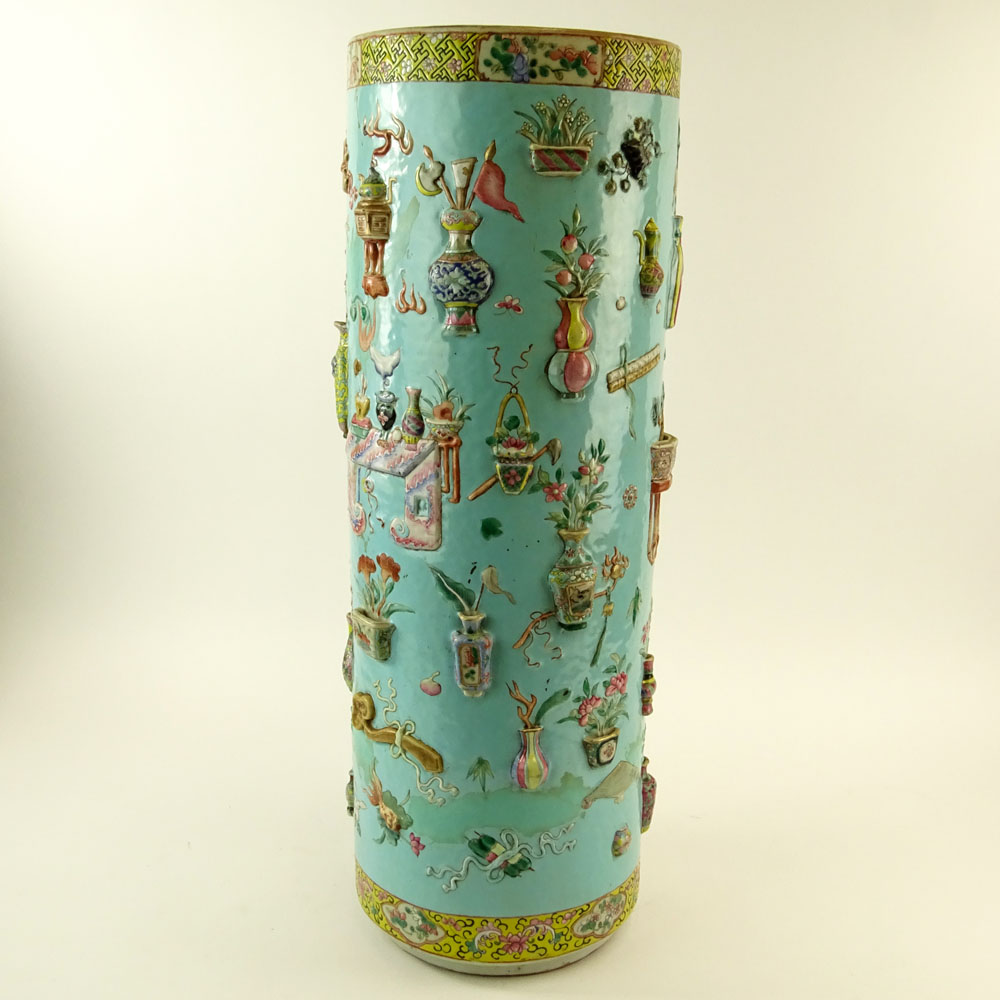 Chinese 19/20th Century Famille Rose Turquoise Ground Umbrella Stand with Relief Decoration.