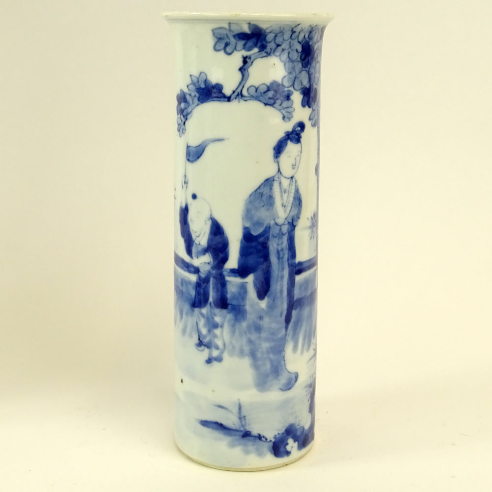 19th Century Chinese Blue and White Porcelain Cylinder Vase with Flared Rim.