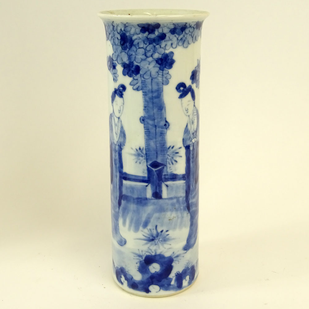 19th Century Chinese Blue and White Porcelain Cylinder Vase with Flared Rim.