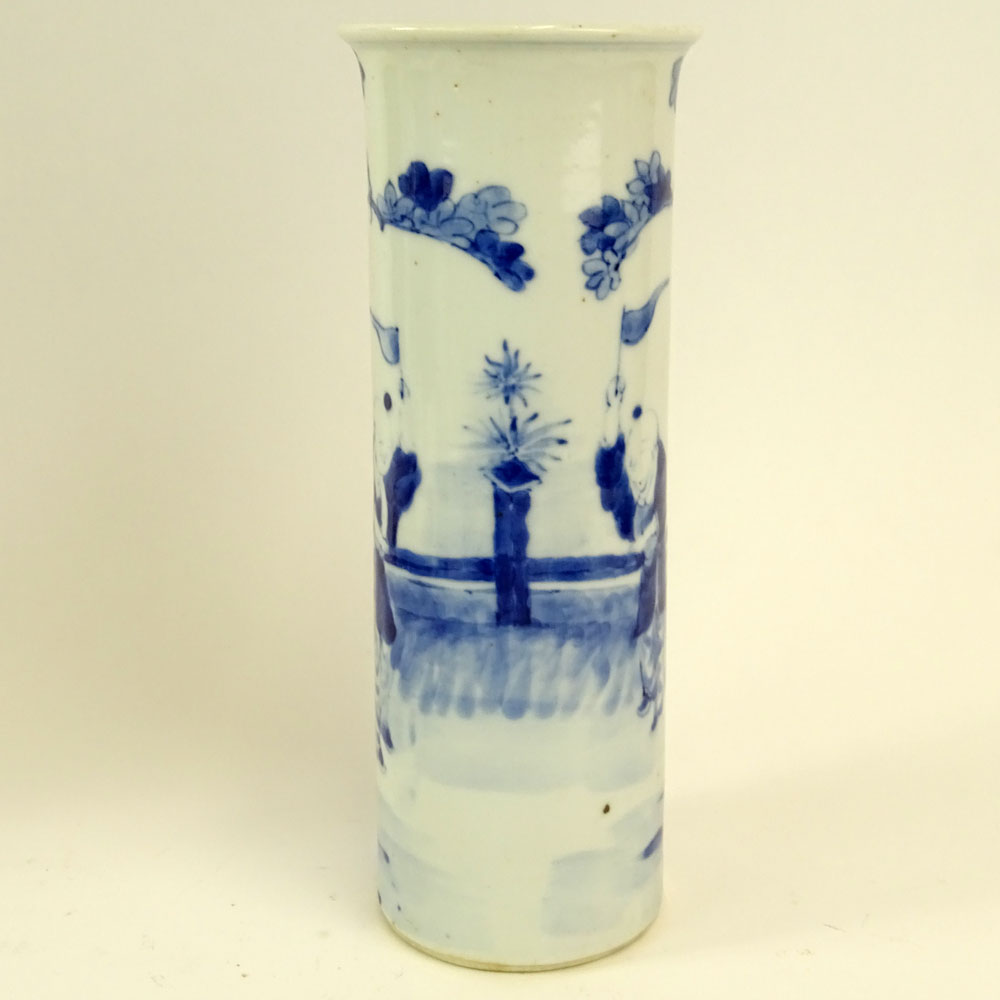 19th Century Chinese Blue and White Porcelain Cylinder Vase with Flared Rim.