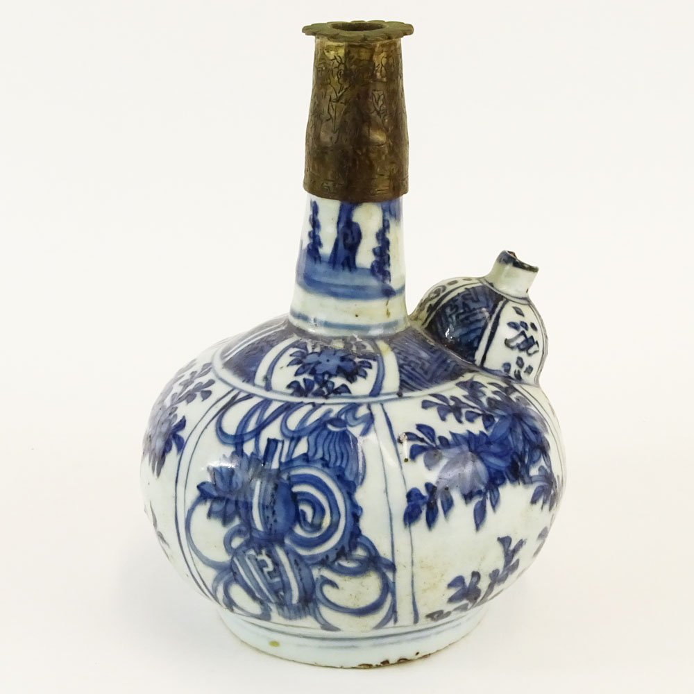 Chinese Ming Dynasty Blue and White Porcelain and Brass Opium Pipe Kendi.