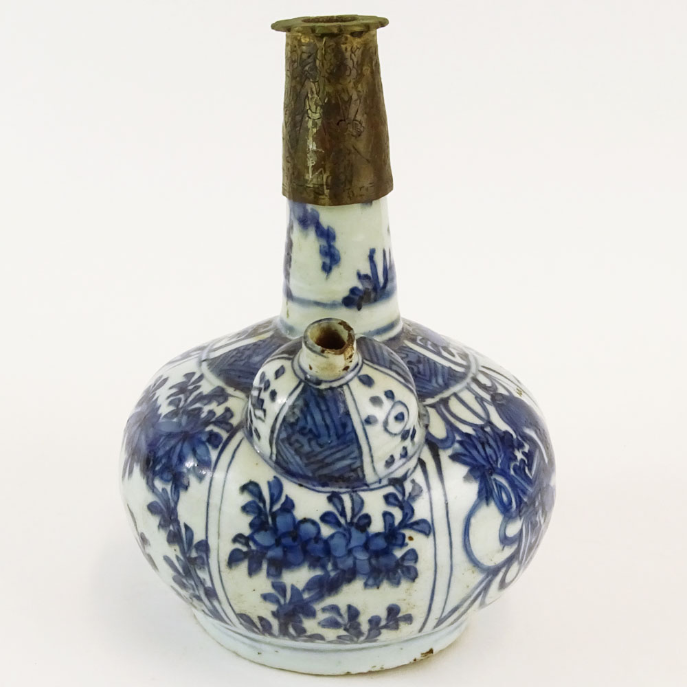 Chinese Ming Dynasty Blue and White Porcelain and Brass Opium Pipe Kendi.