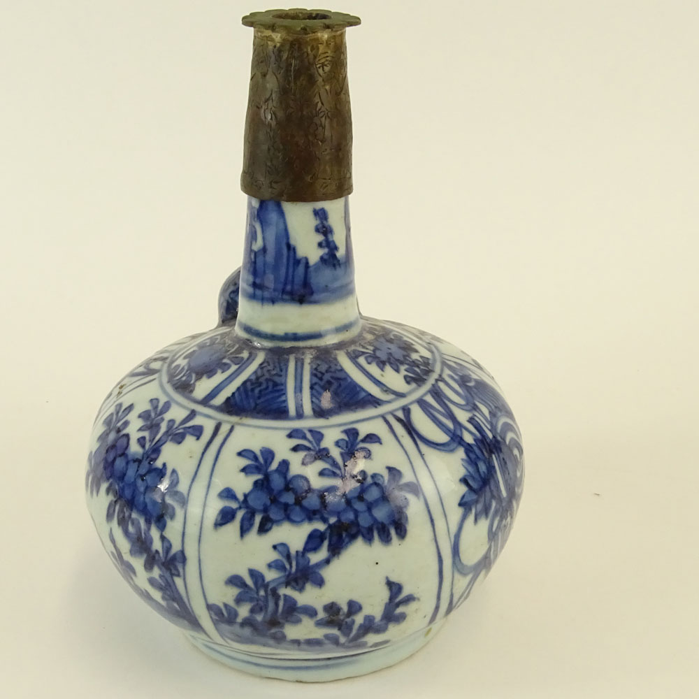 Chinese Ming Dynasty Blue and White Porcelain and Brass Opium Pipe Kendi.