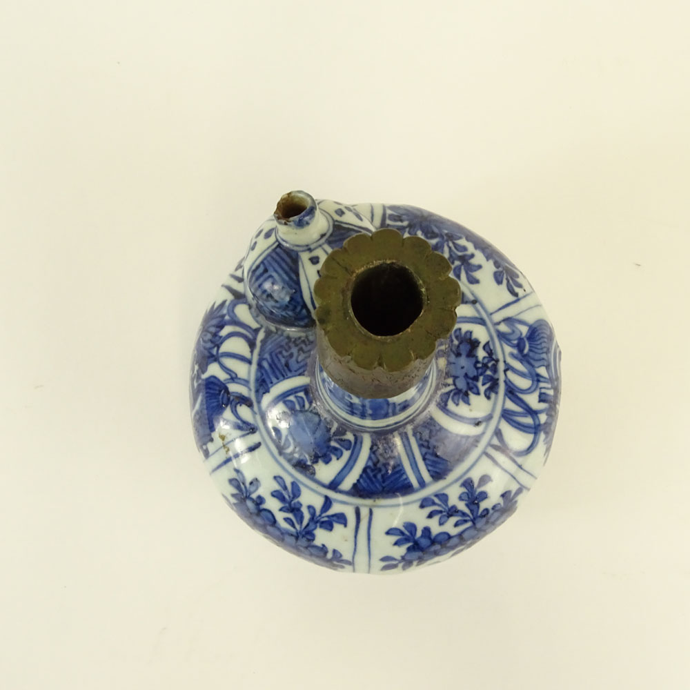 Chinese Ming Dynasty Blue and White Porcelain and Brass Opium Pipe Kendi.