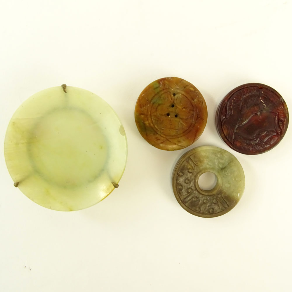 Chinese Archaistic Carved Celadon to Russet Jade Bi Disc; Chinese Carved Russet Jade Pendant Disc;