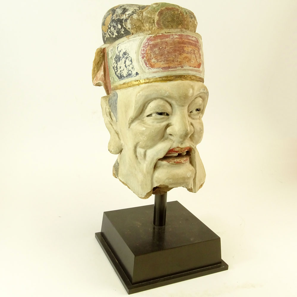 Chinese Ming Dynasty Polychrome Pottery Head on Custom Steel Display Stand.