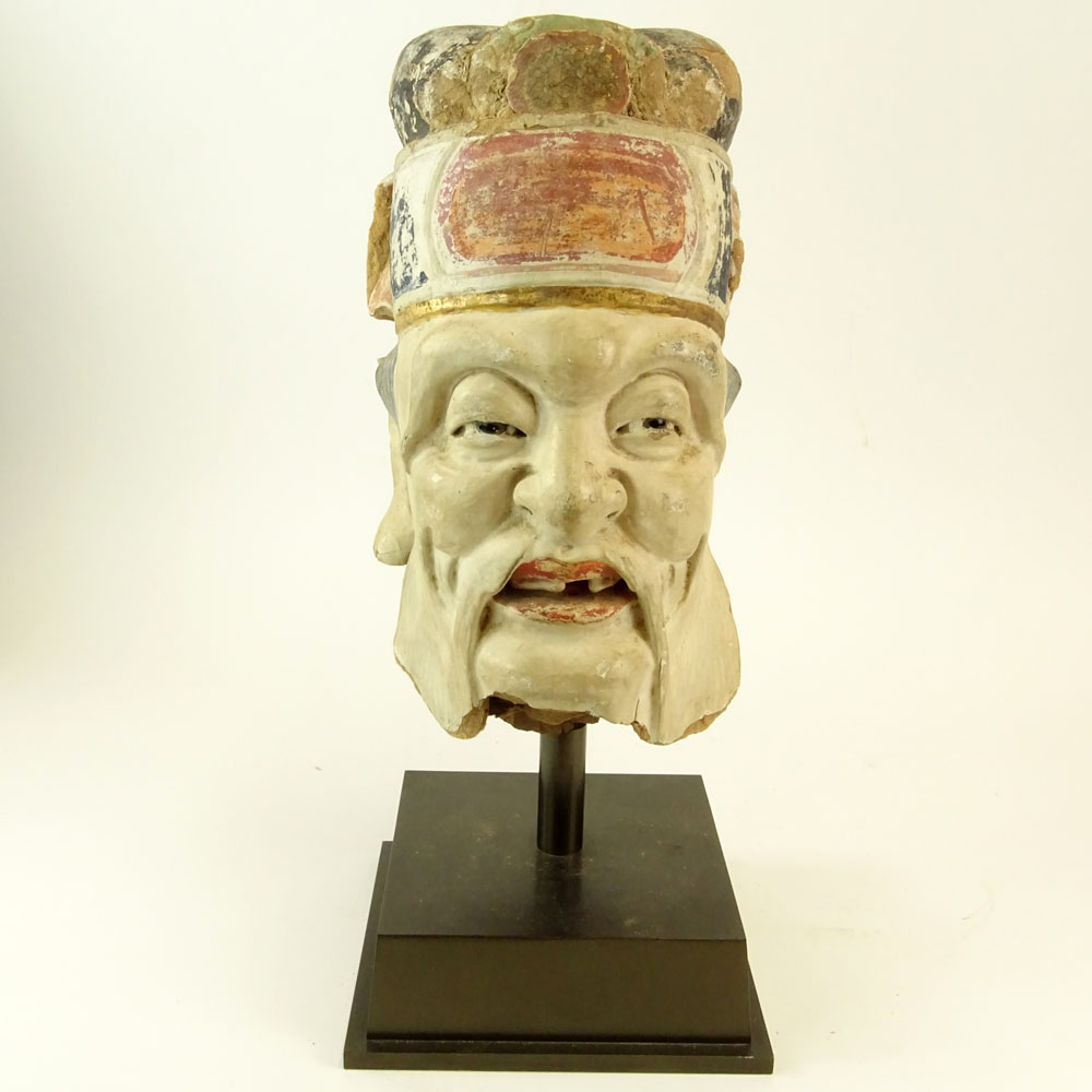 Chinese Ming Dynasty Polychrome Pottery Head on Custom Steel Display Stand.