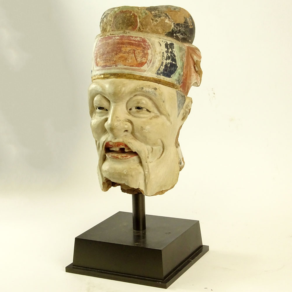 Chinese Ming Dynasty Polychrome Pottery Head on Custom Steel Display Stand.