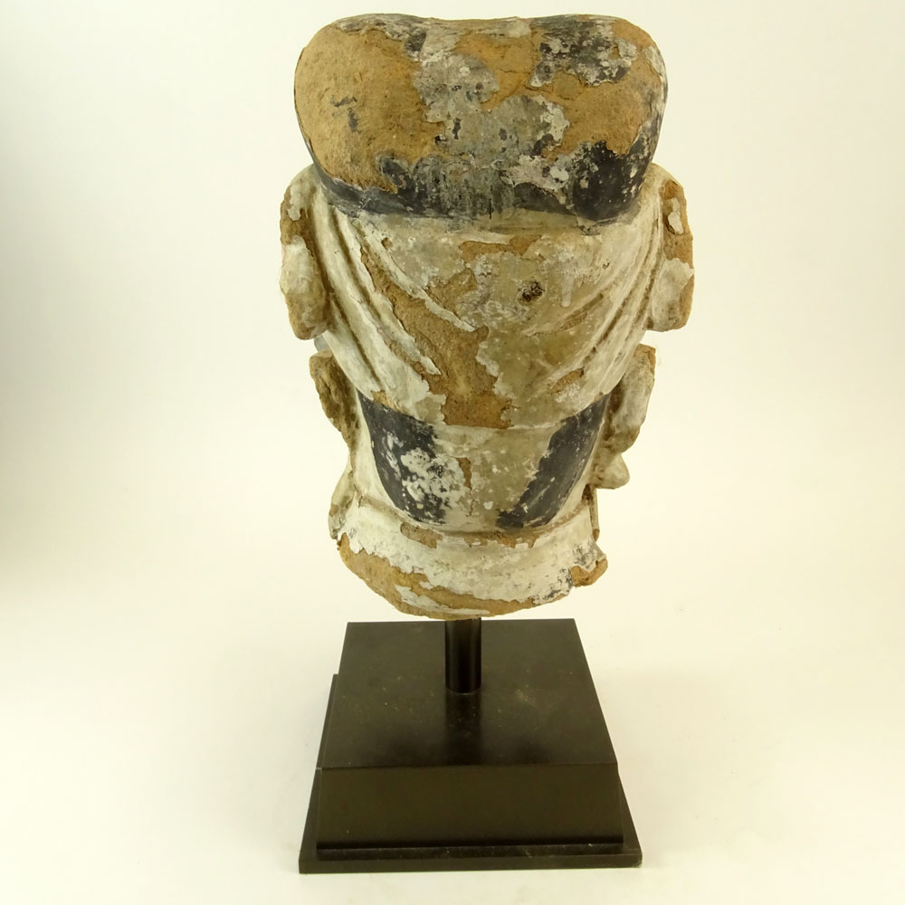 Chinese Ming Dynasty Polychrome Pottery Head on Custom Steel Display Stand.
