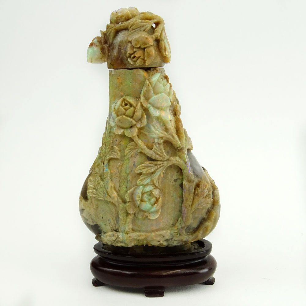 Antique Chinese Carved Iridescent Opal Magnum Snuff Bottle/Jar With Lid. Hardwood base.