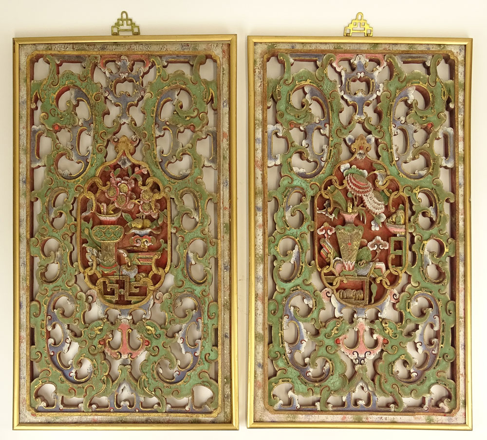 Pair of Vintage Chinese Deep Relief Carved Wood and Polychromed Panels