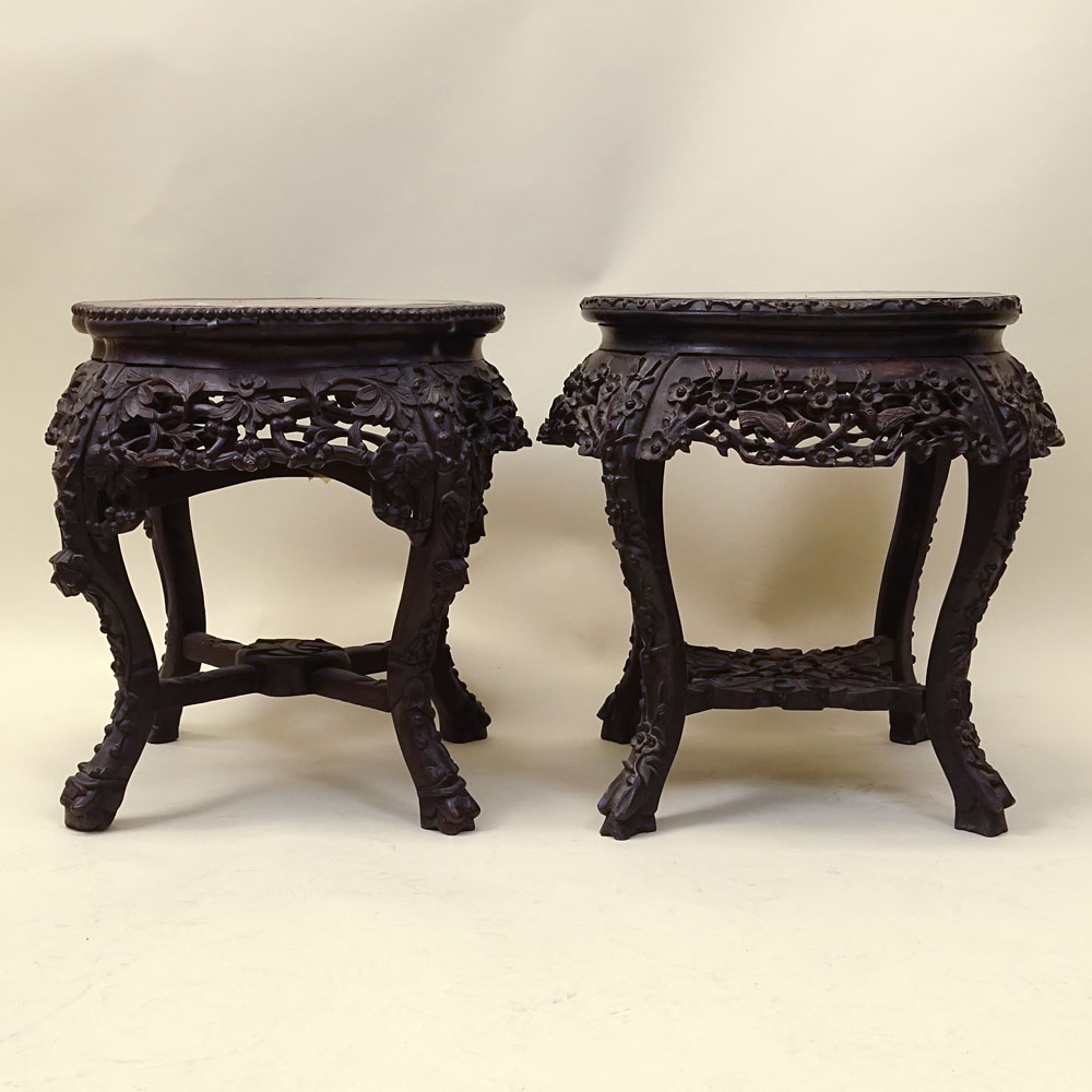 Antique Chinese Carved Hardwood Marble Top Pedestal Tables.