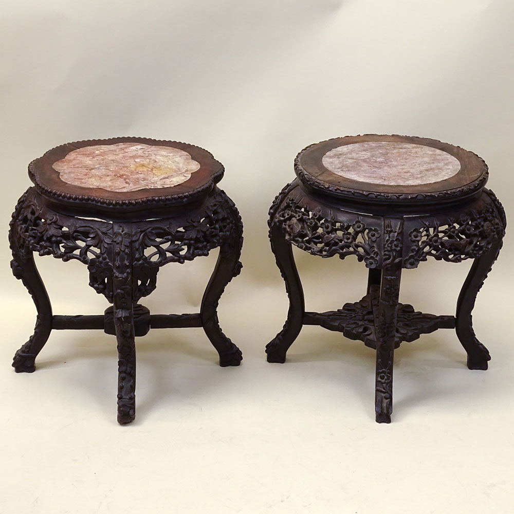 Antique Chinese Carved Hardwood Marble Top Pedestal Tables.