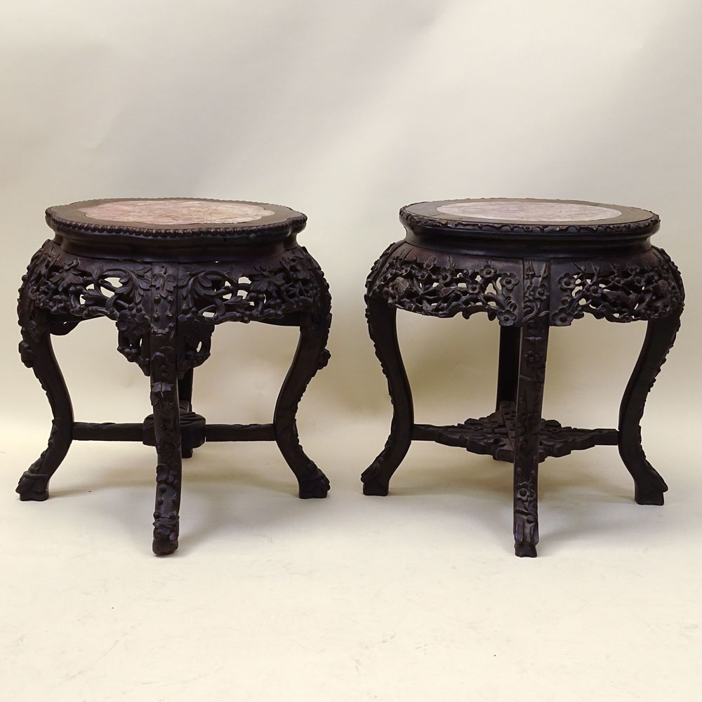 Antique Chinese Carved Hardwood Marble Top Pedestal Tables.