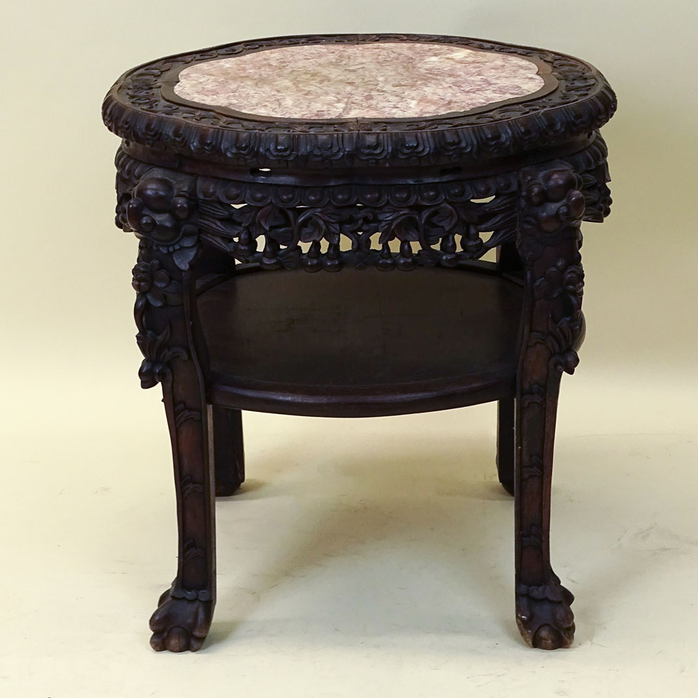 Antique Chinese Carved Hardwood Marble Top Pedestal Tables.