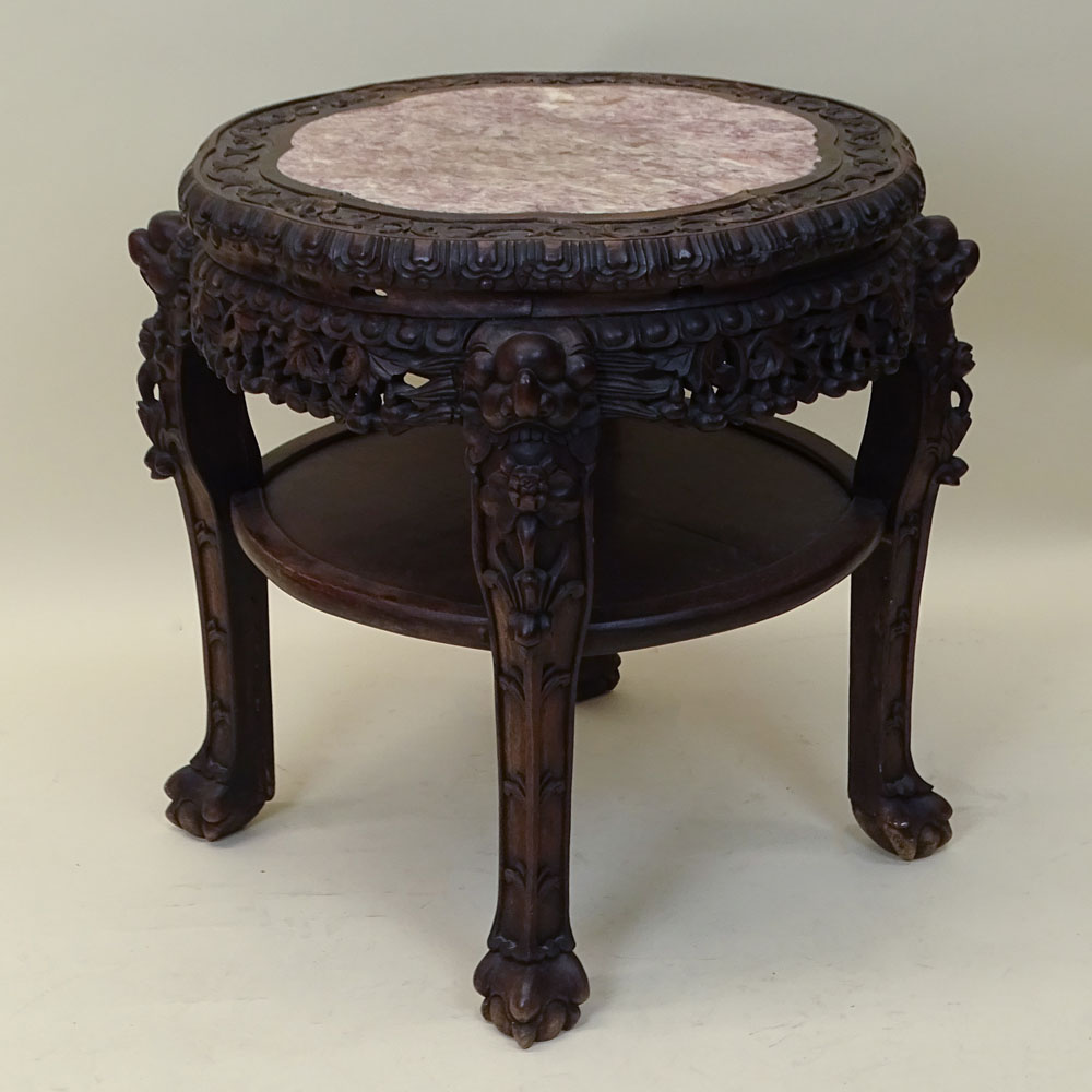 Antique Chinese Carved Hardwood Marble Top Pedestal Tables.