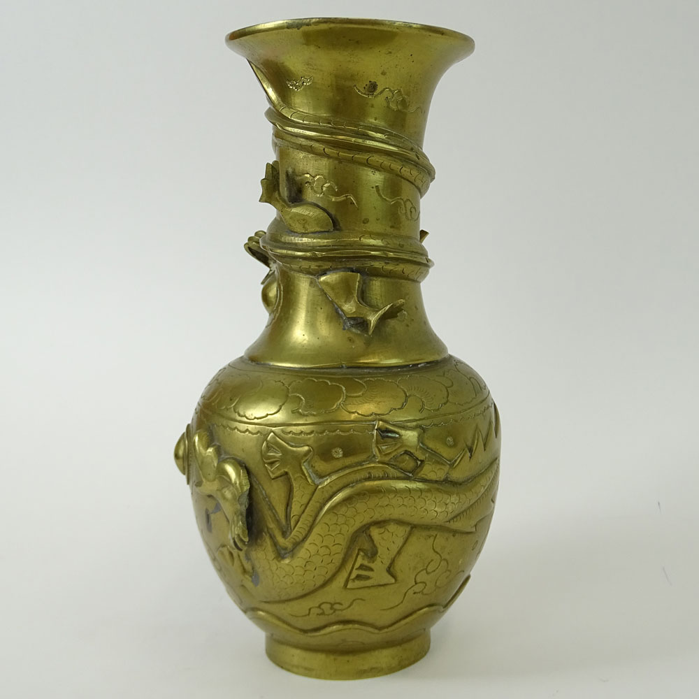 Antique Chinese Brass Relief Vase. Signed with symbols on bottom.