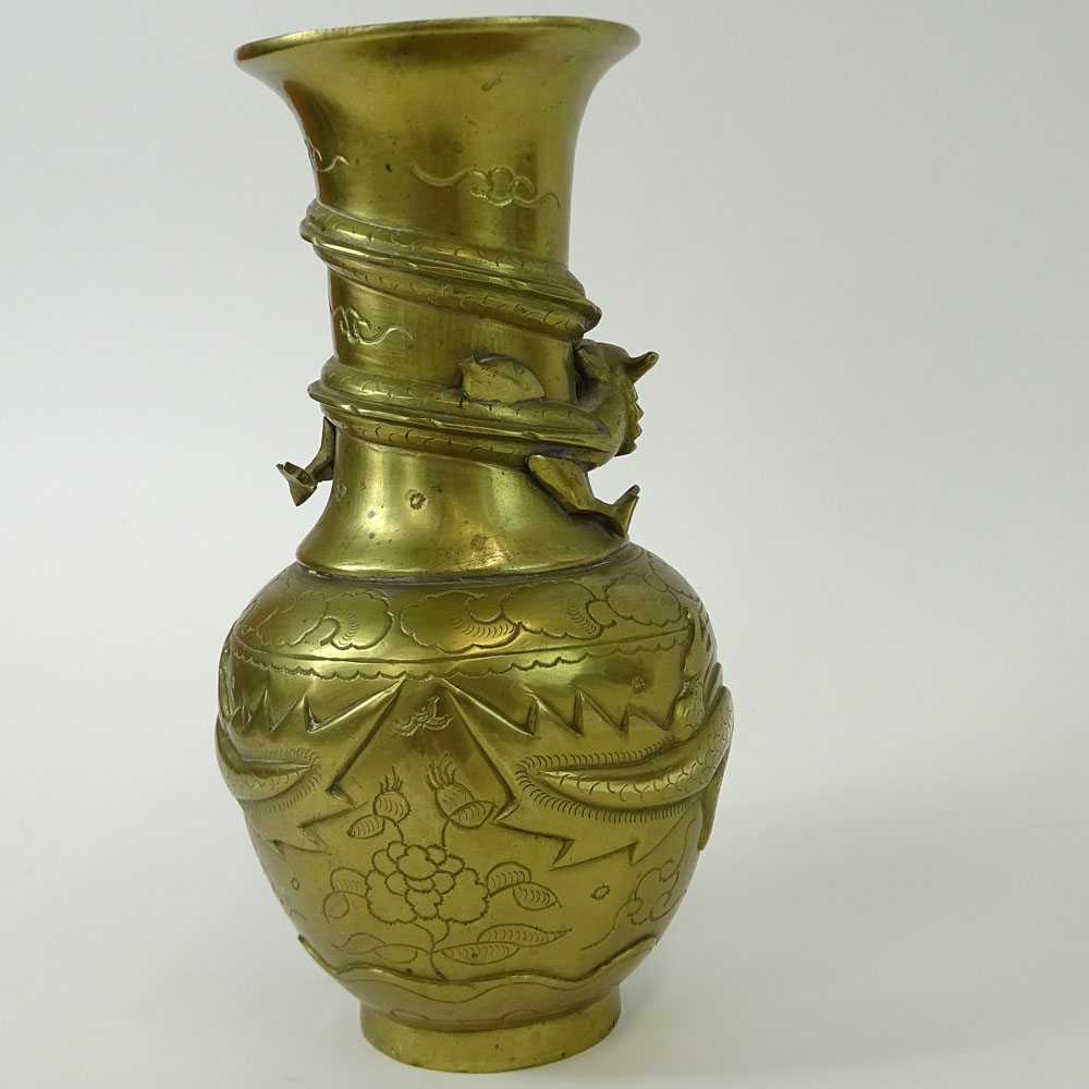 Antique Chinese Brass Relief Vase. Signed with symbols on bottom.