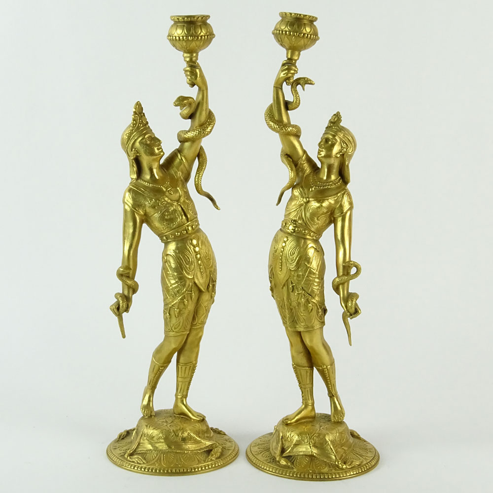 Pair of 19/20th Century French Egyptian Revival Gilt Bronze Figural Candlesticks