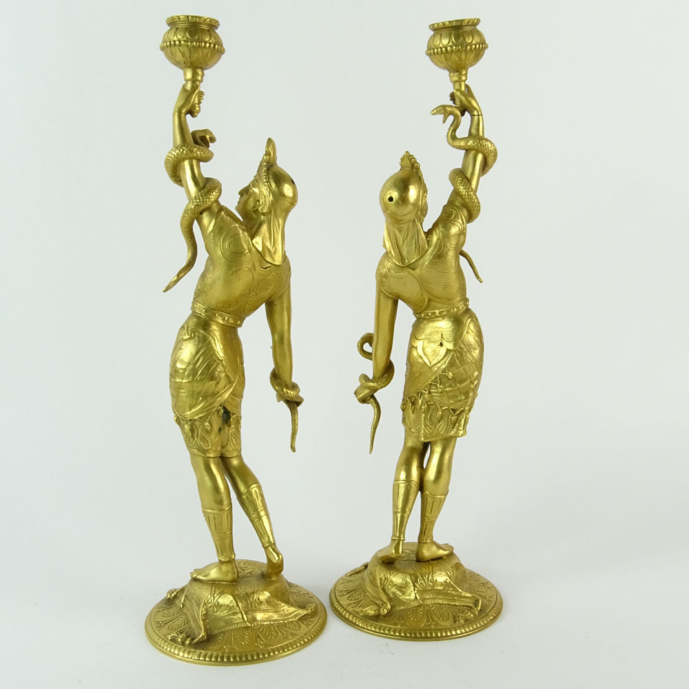 Pair of 19/20th Century French Egyptian Revival Gilt Bronze Figural Candlesticks