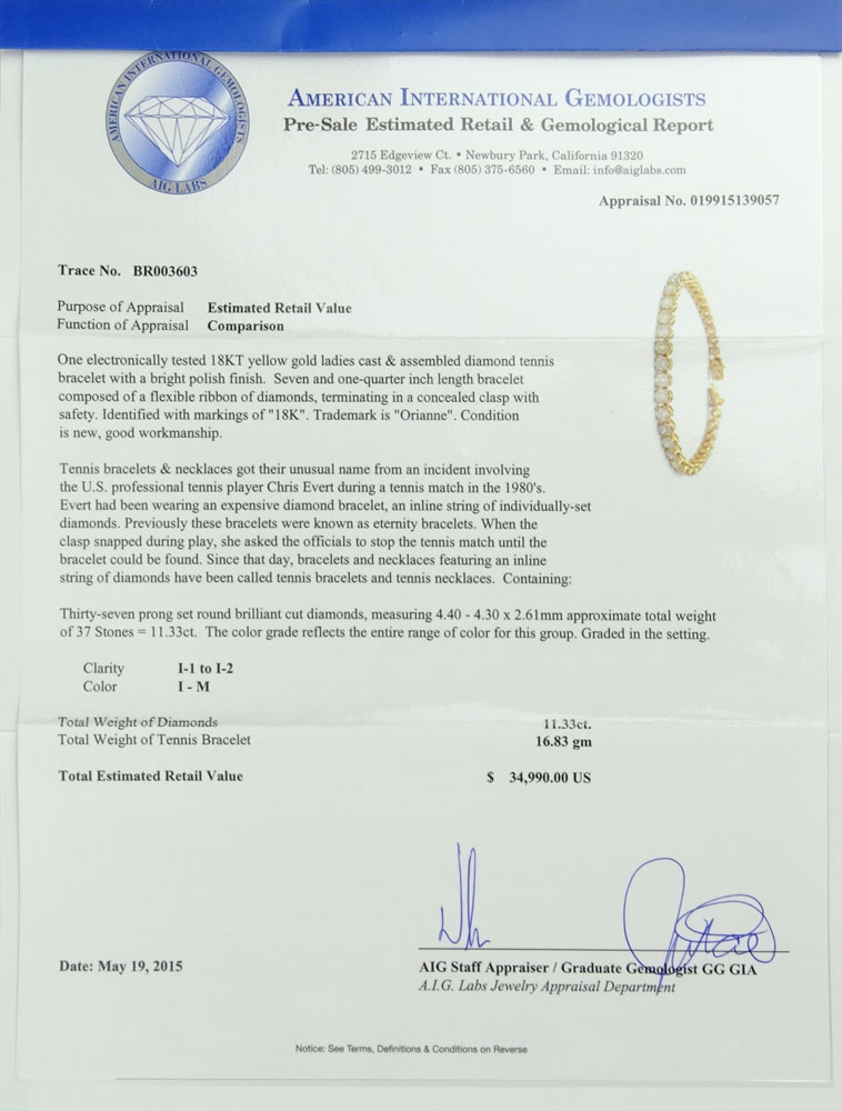 AIG Certified 11.33 Carat Round Cut Diamond and 18 Karat Yellow Gold Tennis Bracelet.
