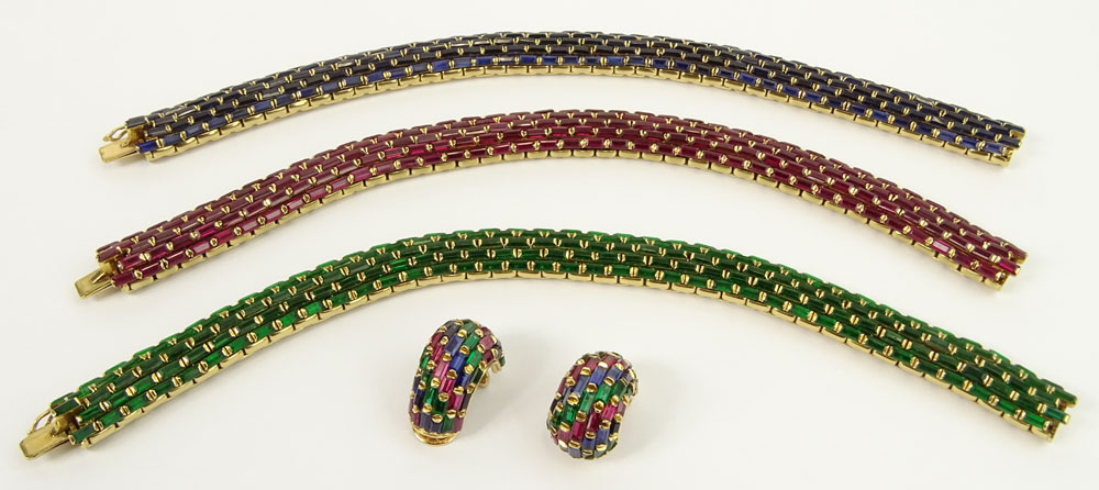 Vintage Italian 18 Karat Yellow Gold Ladies Set of Three (3) Bracelet and Earring Suite with Faux Mounted Sapphires, Rubies and Emeralds.