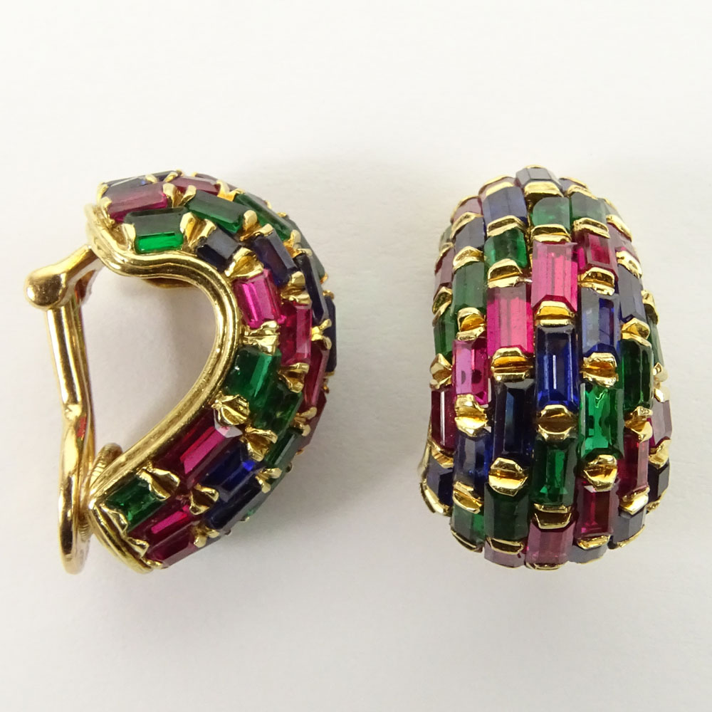 Vintage Italian 18 Karat Yellow Gold Ladies Set of Three (3) Bracelet and Earring Suite with Faux Mounted Sapphires, Rubies and Emeralds.