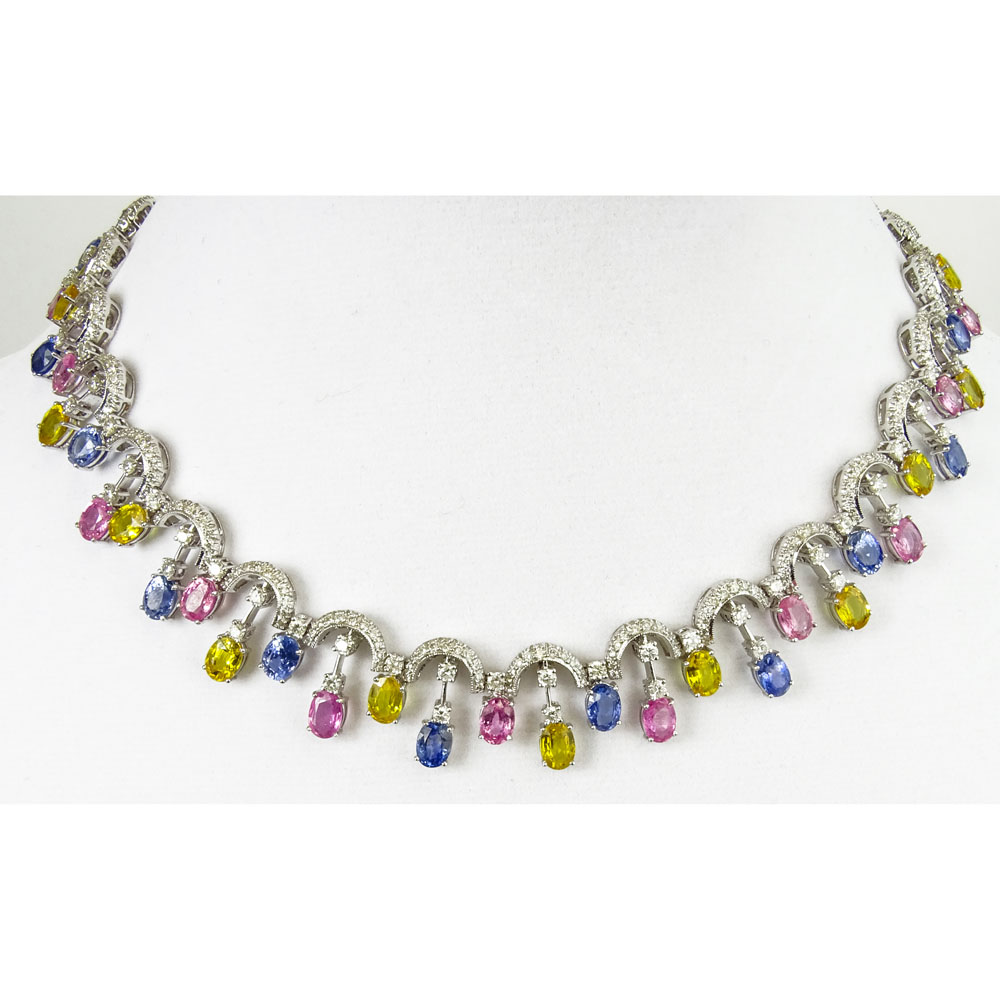 Spectacular 32.20 Carat Gem Quality Fancy Blue, Pink and Yellow Multi Color Sapphires and 7.00 Carat Round Brilliant Cut Colorless Diamond Lady's Necklace 