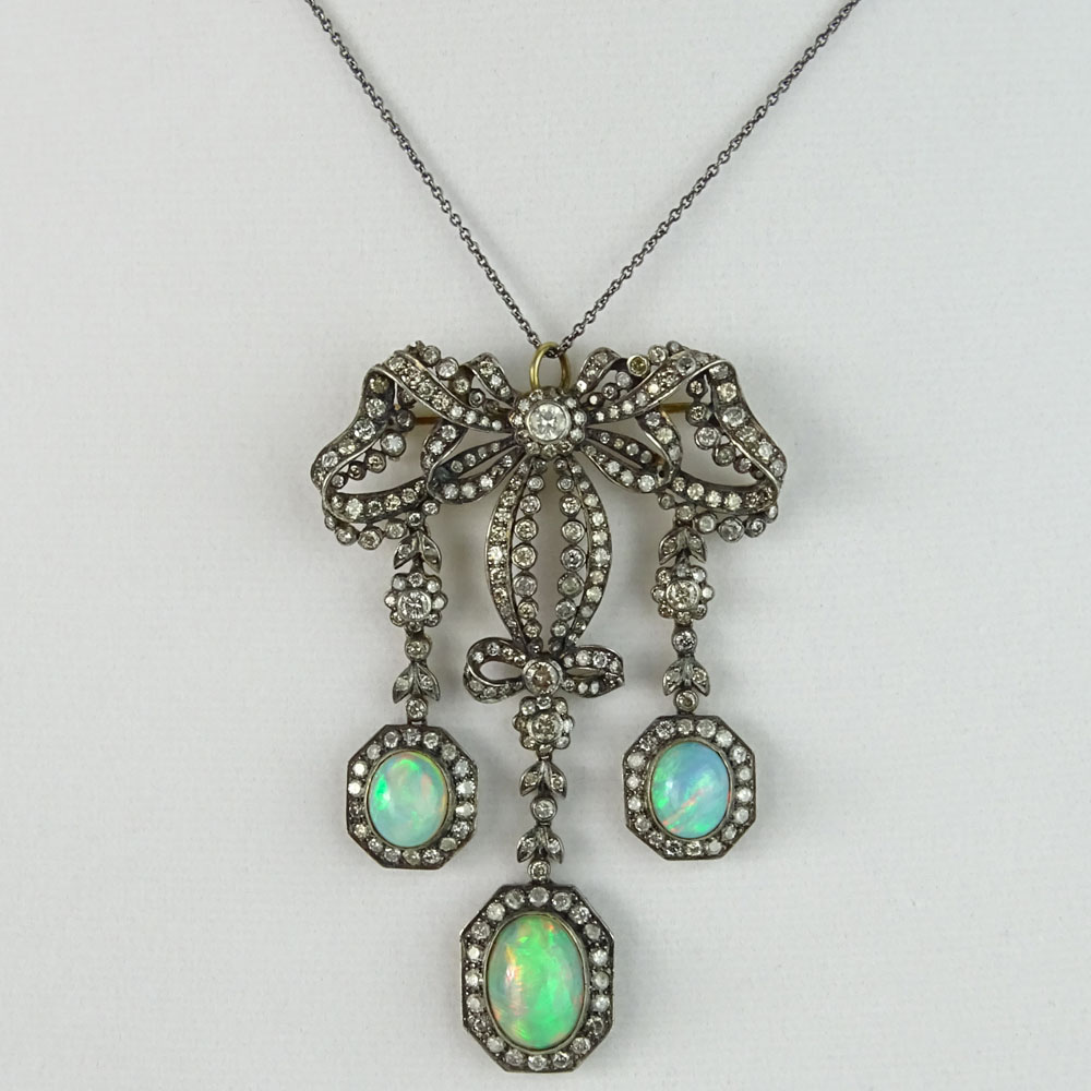 Vintage Victorian Design Opal, European Cut Diamond and Gold over  Silver Pendant/Brooch.